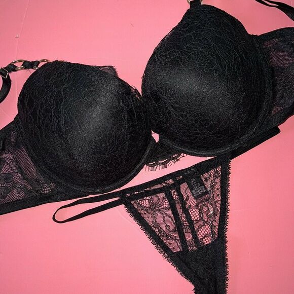 Victoria's Secret 36C,36DD,36DDD BRA SET+M/L garter skirt BLACK lace SHINE STRAP - Picture 3 of 5